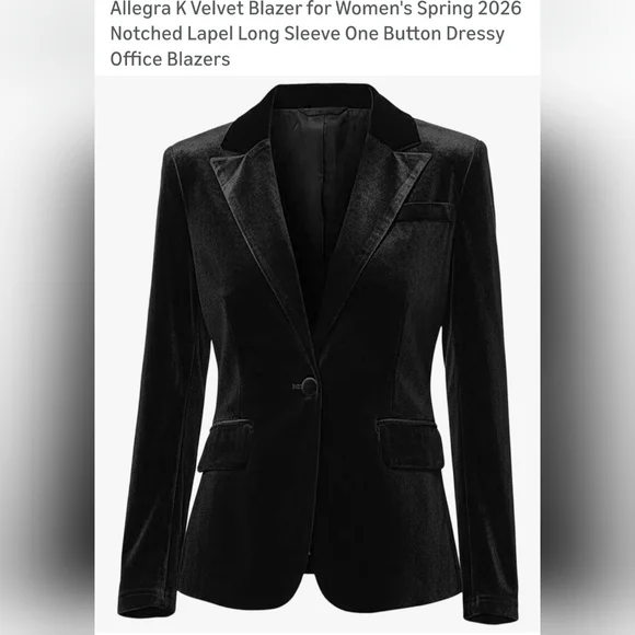 Allegra K Black Velvet Tailored Notch-Lapel Blazer. W-28 - Picture 1 of 7
